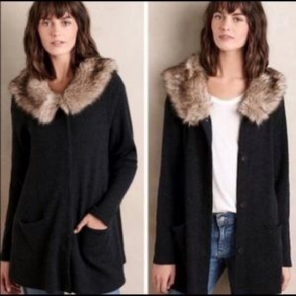 MOTH Anthropologie Sweater Med Gray Wool‎ Blend Cardigan Faux Fur Collar. Size M - Picture 1 of 8